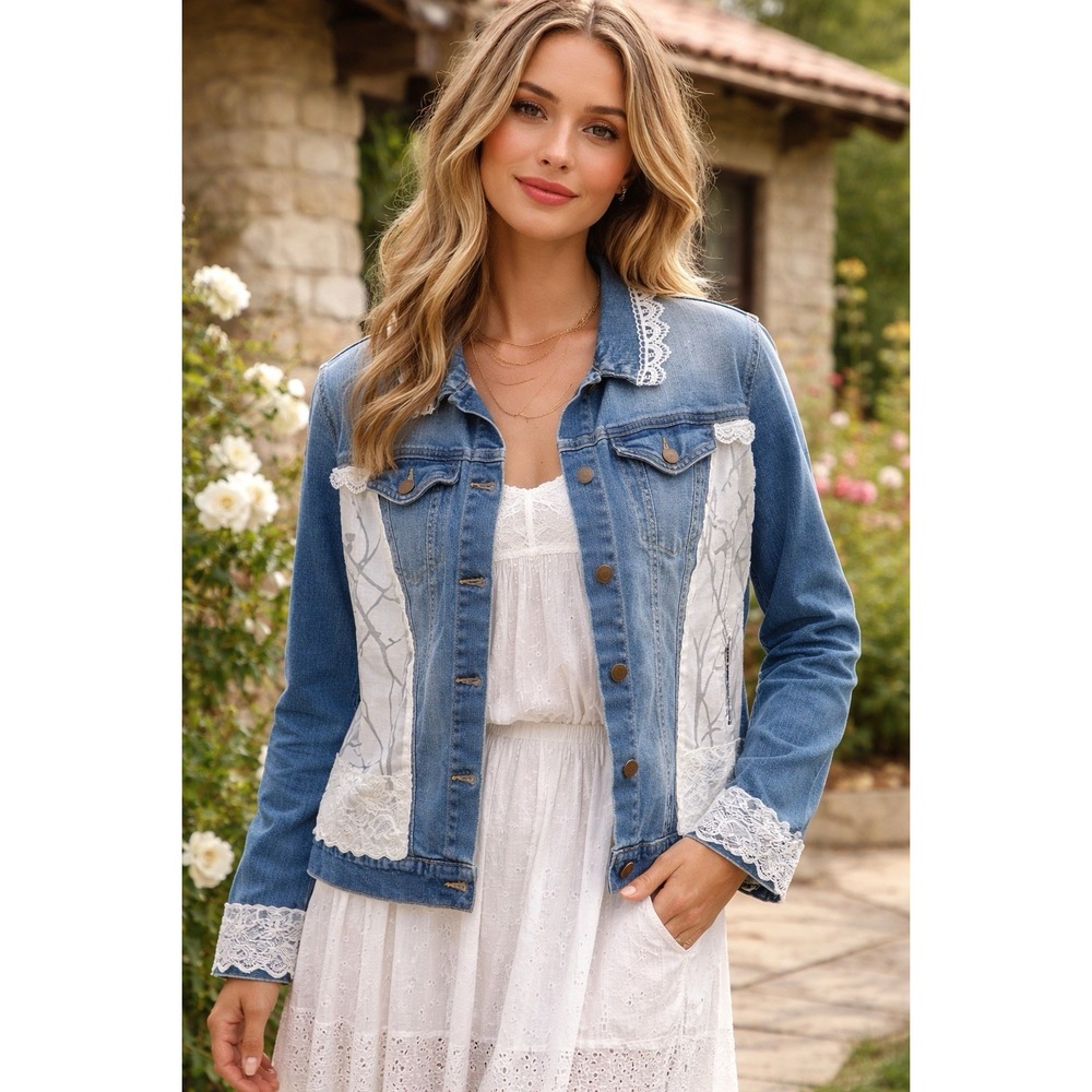 Upcycled Jessica Simpson Denim Jacket Lace Trim Boho Cottagecore Sz M/L